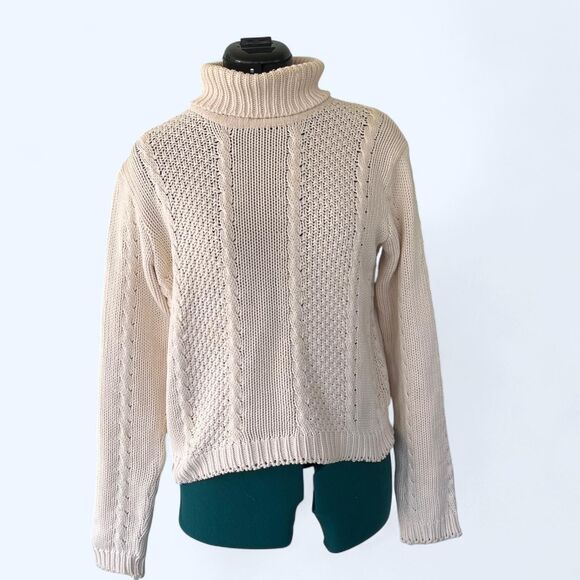 JEANNE PIERRE 100% Cotton Cream Fisherman Turtleneck Long Sleeve Knit Sweater P - Picture 1 of 5